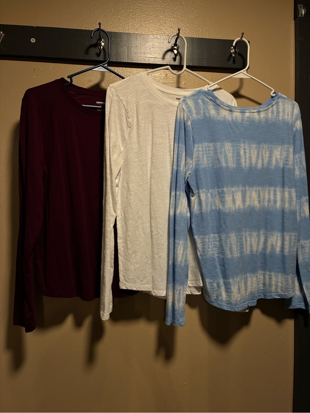 Sonoma Women's long Sleeve Tee Trio - Blue Tie-Dye, White, Burgundy